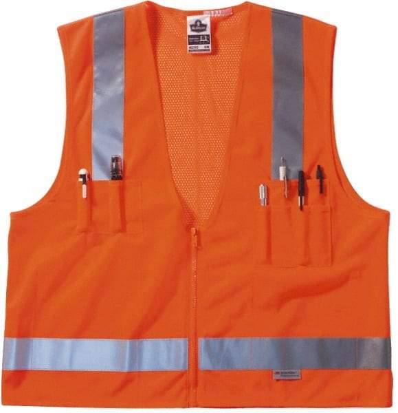 Ergodyne - Size L/XL High Visibility Orange Mesh/Solid Surveyor's Vest - 44 to 52" Chest, ANSI/ISEA 107, Zipper Closure, 6 Pockets, Polyester - Apex Tool & Supply
