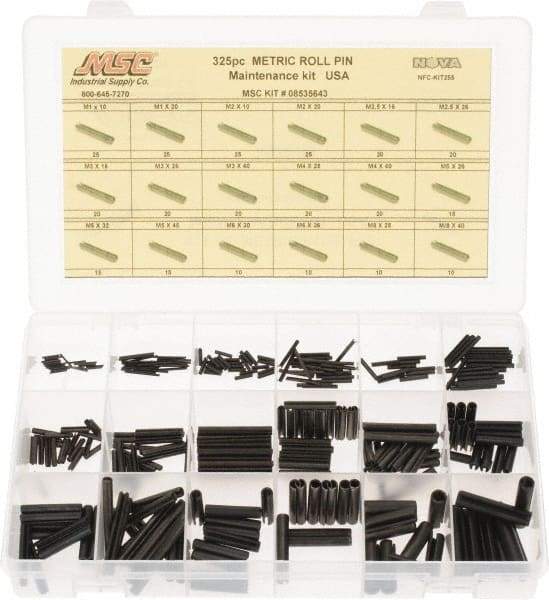 Made in USA - 325 Piece, M1 to M8 Pin Diam, Spring Pin Assortment - 10 to 40mm Long, Steel - Apex Tool & Supply