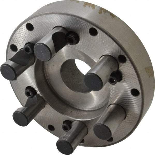 Buck Chuck Company - Adapter Back Plate for 6" Diam Self Centering Lathe Chucks - D1-5 Mount, 1-1/2" Through Hole Diam, 3.109mm ID, 5.88" OD, 1.26" Flange Height, Steel - Apex Tool & Supply