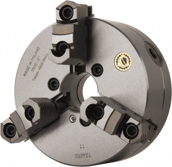 Bison - 3 Jaws, 6" Diam, Self Centering Manual Lathe Chuck - Plain Back Mount Spindle, Reversible, 4,500 Max RPM, 1.6535" Through Hole Diam, 0.0014" Axial Runout, 0.0012" Radial Runout, Forged Steel - Apex Tool & Supply