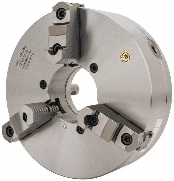 Bison - 3 Jaws, 12" Diam, Self Centering Manual Lathe Chuck - D1-8 Mount Spindle, Reversible, 2,800 Max RPM, 4.0551" Through Hole Diam, 0.0012" Axial Runout, 0.002" Radial Runout, Forged Steel - Apex Tool & Supply