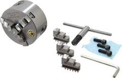 Bison - 3 Jaws, 4" Diam, Self Centering Manual Lathe Chuck - Plain Back Mount Spindle, 3,500 Max RPM, 0.7874" Through Hole Diam, 0.0006" Axial Runout, 0.0008" Radial Runout, Cast Iron - Apex Tool & Supply