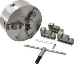 Bison - 3 Jaws, 8" Diam, Self Centering Manual Lathe Chuck - Plain Back Mount Spindle, 2,500 Max RPM, 2.1653" Through Hole Diam, 0.001" Axial Runout, 0.0016" Radial Runout, Cast Iron - Apex Tool & Supply