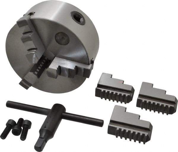 Interstate - 3 Jaws, 5" Diam, Self Centering Manual Lathe Chuck - Plain Back Mount Spindle, 1.1811" Through Hole Diam, 0.003" Axial Runout, Cast Iron - Apex Tool & Supply