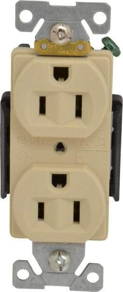 Cooper Wiring Devices - 125 VAC, 15 Amp, 5-15R NEMA Configuration, Ivory, Industrial Grade, Self Grounding Duplex Receptacle - 1 Phase, 2 Poles, 3 Wire, Flush Mount, Chemical, Heat and Impact Resistant - Apex Tool & Supply