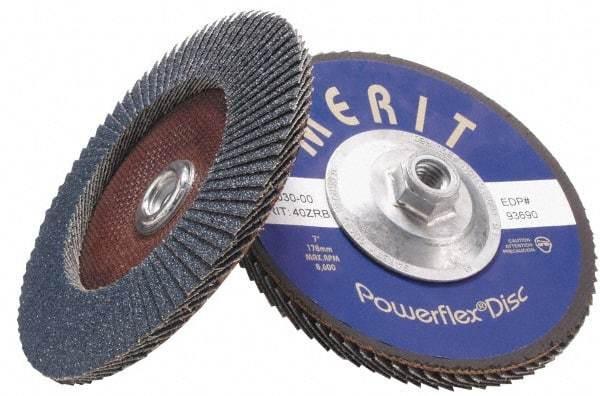 Merit Abrasives - 120 Grit, 4-1/2" Disc Diam, 5/8-11 Center Hole, Type 27 Zirconia Alumina Flap Disc - 13,300 Max RPM, Fiberglass Backing, Arbor Attaching System, Coated - Apex Tool & Supply