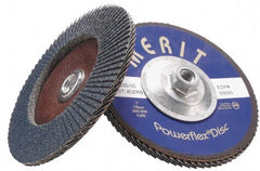 Merit Abrasives - 120 Grit, 4-1/2" Disc Diam, 5/8-11 Center Hole, Type 27 Zirconia Alumina Flap Disc - 13,300 Max RPM, Fiberglass Backing, Arbor Attaching System, Coated - Apex Tool & Supply