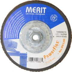 Merit Abrasives - 36 Grit, 7" Disc Diam, 5/8-11 Center Hole, Type 27 Zirconia Alumina Flap Disc - 8,600 Max RPM, Fiberglass Backing, Arbor Attaching System, Coated - Apex Tool & Supply