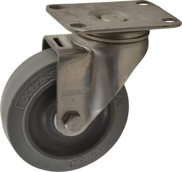 Albion - 4" Diam x 1-1/4" Wide x 5-1/8" OAH Top Plate Mount Swivel Caster - Soft Rubber, 300 Lb Capacity, Delrin Bearing, 2-1/2 x 3-5/8" Plate - Apex Tool & Supply
