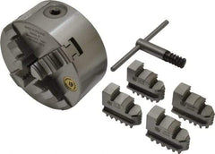 Bison - 4 Jaws, 5" Diam, Self Centering Manual Lathe Chuck - Plain Back Mount Spindle, 3,200 Max RPM, 9.921" Through Hole Diam, 0.0008" Axial Runout, 0.0012" Radial Runout, Cast Iron - Apex Tool & Supply