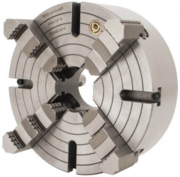 Bison - 4 Jaws, 10" Diam, Independent Manual Lathe Chuck - D1-6 Mount Spindle, Reversible, 1,500 Max RPM, 2.5591" Through Hole Diam, Cast Iron - Apex Tool & Supply