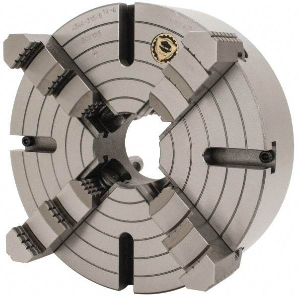 Bison - 4 Jaws, 12" Diam, Independent Manual Lathe Chuck - D1-6 Mount Spindle, Reversible, 3.1496" Through Hole Diam, Cast Iron - Apex Tool & Supply