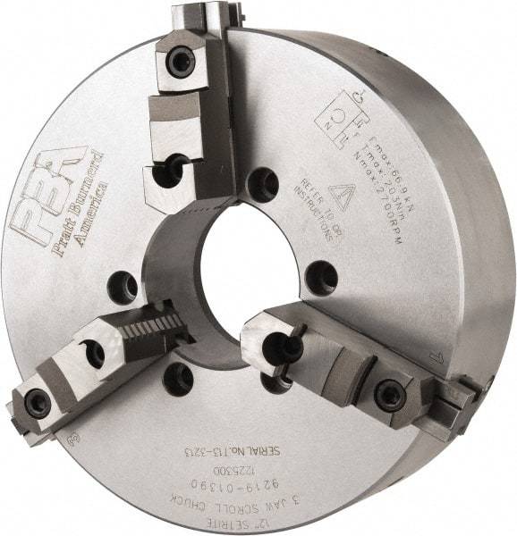 Pratt Burnerd America - 3 Jaws, 12" Diam, Self Centering Manual Lathe Chuck - Plain Back Mount Spindle, Adjustable, Reversible, 2,300 Max RPM, 4.06" Through Hole Diam, Forged Steel - Apex Tool & Supply