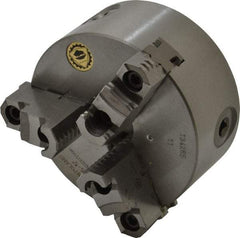Bison - 3 Jaws, 5" Diam, Self Centering Manual Lathe Chuck - Plain Back Mount Spindle, Reversible, 3,200 Max RPM, 1.2598" Through Hole Diam, 0.0008" Axial Runout, 0.0012" Radial Runout, Cast Iron - Apex Tool & Supply