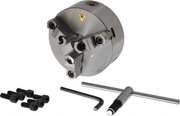 Bison - 3 Jaws, 6" Diam, Self Centering Manual Lathe Chuck - Plain Back Mount Spindle, Reversible, 3,000 Max RPM, 1.6535" Through Hole Diam, 0.0008" Axial Runout, 0.0012" Radial Runout, Cast Iron - Apex Tool & Supply
