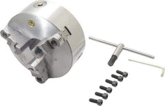 Bison - 3 Jaws, 8" Diam, Self Centering Manual Lathe Chuck - Plain Back Mount Spindle, Reversible, 2,500 Max RPM, 2.1653" Through Hole Diam, 0.001" Axial Runout, 0.0016" Radial Runout, Cast Iron - Apex Tool & Supply