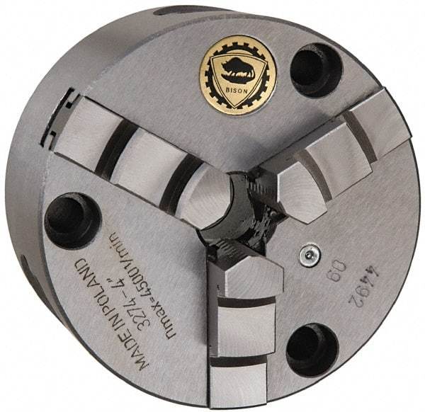 Bison - 3 Jaws, 10" Diam, Self Centering Manual Lathe Chuck - Front Mount, 2.9921" Through Hole Diam, Cast Iron - Apex Tool & Supply
