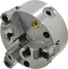Bison - 3 Jaws, 5" Diam, Self Centering Manual Lathe Chuck - Front Mount, Reversible, 1.2598" Through Hole Diam, Cast Iron - Apex Tool & Supply
