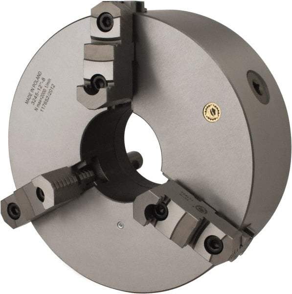 Bison - 3 Jaws, 12" Diam, Self Centering Manual Lathe Chuck - D1-8 Mount Spindle, Reversible, 1,500 Max RPM, 4.0551" Through Hole Diam, 0.0012" Axial Runout, 0.002" Radial Runout, Cast Iron - Apex Tool & Supply