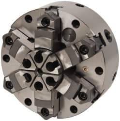 Interstate - 6 Jaws, 8" Diam, Self Centering Manual Lathe Chuck - Adjustable, Reversible, 2.264" Through Hole Diam, Cast Iron - Apex Tool & Supply
