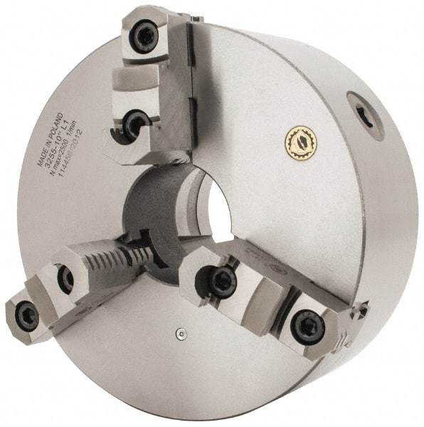 Bison - 3 Jaws, 10" Diam, Self Centering Manual Lathe Chuck - L-1 Mount Spindle, Reversible, 2,000 Max RPM, 2.9921" Through Hole Diam, 0.001" Axial Runout, 0.0016" Radial Runout, Cast Iron - Apex Tool & Supply