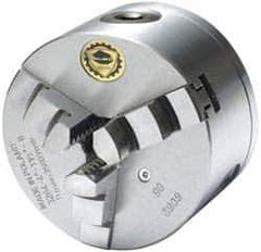 Bison - 3 Jaws, 4" Diam, Self Centering Manual Lathe Chuck - 1-1/2 - 8" Spindle Mount, 3,500 Max RPM, 0.7874" Through Hole Diam, 0.0008" Axial Runout, 0.0012" Radial Runout, Cast Iron - Apex Tool & Supply