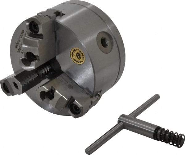 Bison - 3 Jaws, 5" Diam, Self Centering Manual Lathe Chuck - 1-1/2 - 8" Spindle Mount, Reversible, 3,200 Max RPM, 1.2598" Through Hole Diam, 0.0008" Axial Runout, 0.0012" Radial Runout, Cast Iron - Apex Tool & Supply