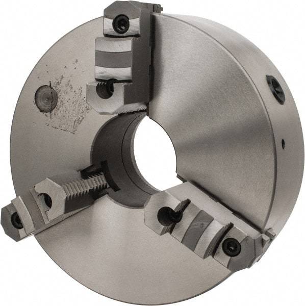 Interstate - 3 Jaws, 12" Diam, Self Centering Manual Lathe Chuck - D1-6 Mount Spindle, Reversible, 3-15/16" Through Hole Diam, Cast Iron - Apex Tool & Supply