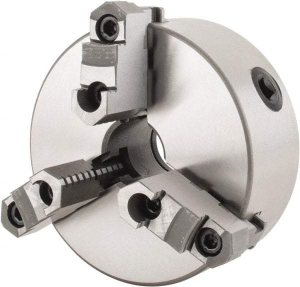 Interstate - 3 Jaws, 6" Diam, Self Centering Manual Lathe Chuck - Plain Back Mount Spindle, Reversible, 1.5748" Through Hole Diam, 0.003" Axial Runout, Cast Iron - Apex Tool & Supply