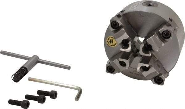 Bison - 4 Jaws, 5" Diam, Self Centering Manual Lathe Chuck - Plain Back Mount Spindle, Reversible, 3,200 Max RPM, 1.2598" Through Hole Diam, 0.0012" Axial Runout, 0.0015" Radial Runout, Cast Iron - Apex Tool & Supply