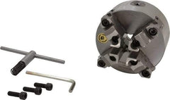 Bison - 4 Jaws, 5" Diam, Self Centering Manual Lathe Chuck - Plain Back Mount Spindle, Reversible, 3,200 Max RPM, 1.2598" Through Hole Diam, 0.0012" Axial Runout, 0.0015" Radial Runout, Cast Iron - Apex Tool & Supply