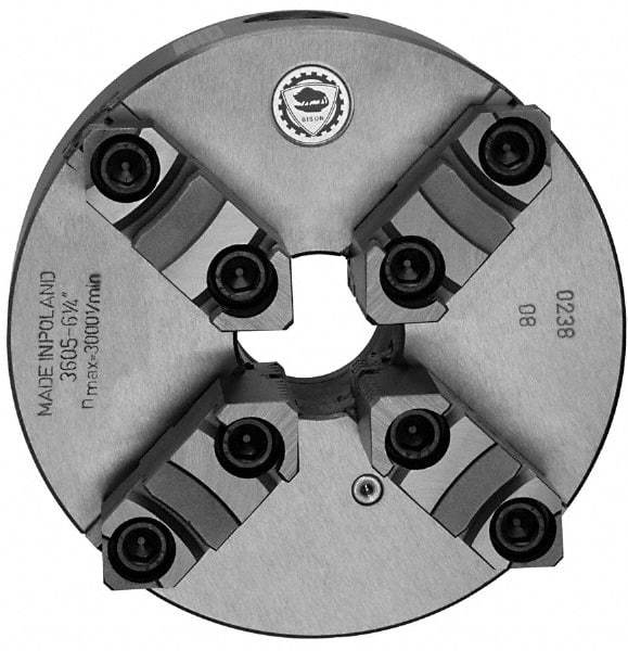 Bison - 4 Jaws, 6" Diam, Self Centering Manual Lathe Chuck - Plain Back Mount Spindle, Reversible, 3,000 Max RPM, 1.6535" Through Hole Diam, 0.0012" Axial Runout, 0.0015" Radial Runout, Cast Iron - Apex Tool & Supply
