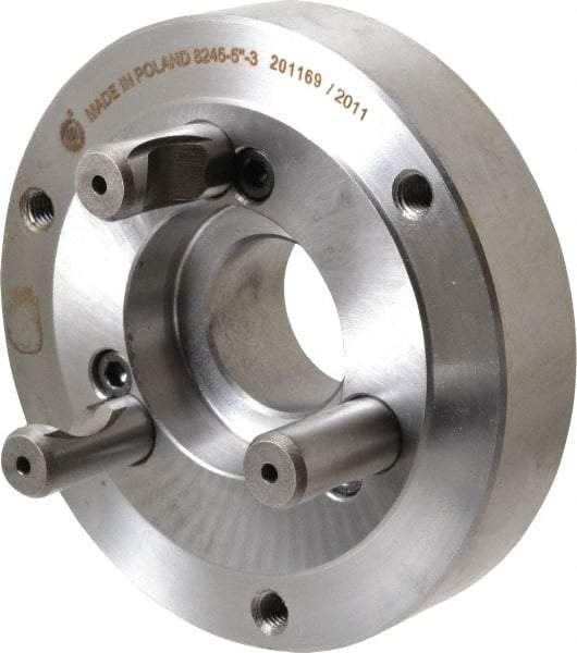Bison - Adapter Back Plate for 5" Diam Self Centering Lathe Chucks - D1-3 Mount, 1.378" Through Hole Diam, 2.164mm ID, 4.92" OD, 1.02" Flange Height, Steel - Apex Tool & Supply