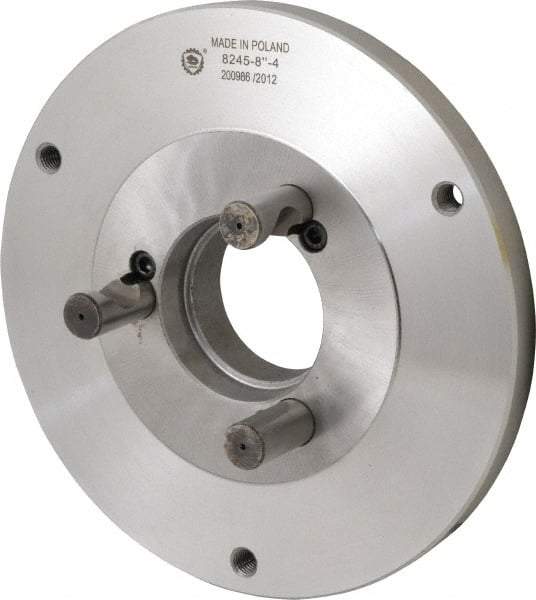 Bison - Adapter Back Plate for 8" Diam Self Centering Lathe Chucks - D1-4 Mount, 2.165" Through Hole Diam, 4.33mm ID, 7.87" OD, 0.63" Flange Height, Steel - Apex Tool & Supply