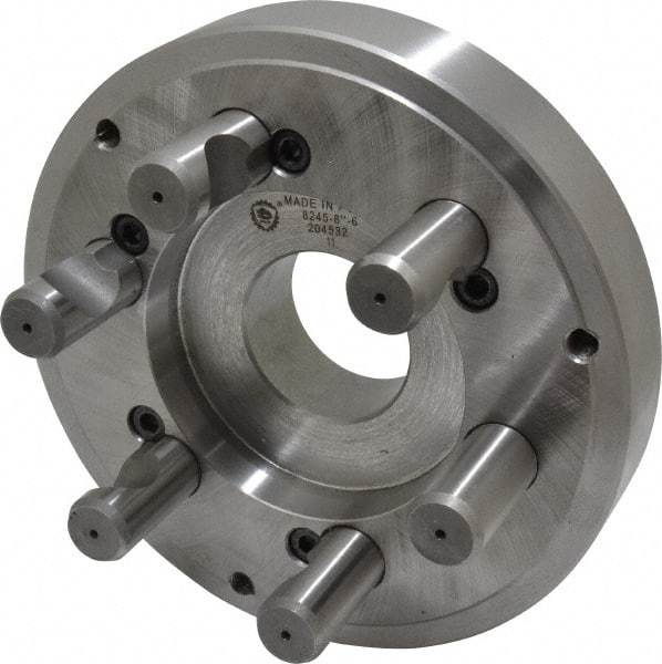 Bison - Adapter Back Plate for 8" Diam Self Centering Lathe Chucks - D1-6 Mount, 2.165" Through Hole Diam, 4.33mm ID, 7.87" OD, 1.34" Flange Height, Steel - Apex Tool & Supply