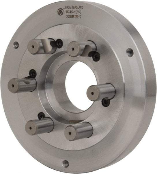 Bison - Adapter Back Plate for 10" Diam Self Centering Lathe Chucks - D1-6 Mount, 2.922" Through Hole Diam, 5.708mm ID, 9.84" OD, 1.34" Flange Height, Steel - Apex Tool & Supply