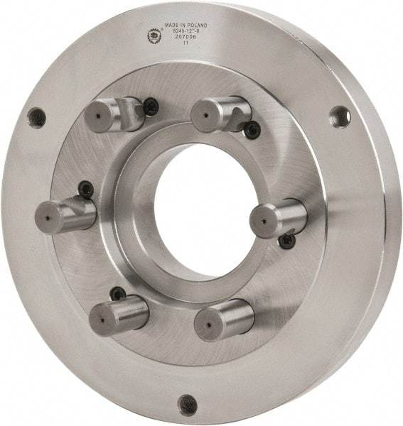 Bison - Adapter Back Plate for 12-1/2" Diam Self Centering Lathe Chucks - D1-8 Mount, 4.055" Through Hole Diam, 7.086mm ID, 12.4" OD, 1.49" Flange Height, Steel - Apex Tool & Supply