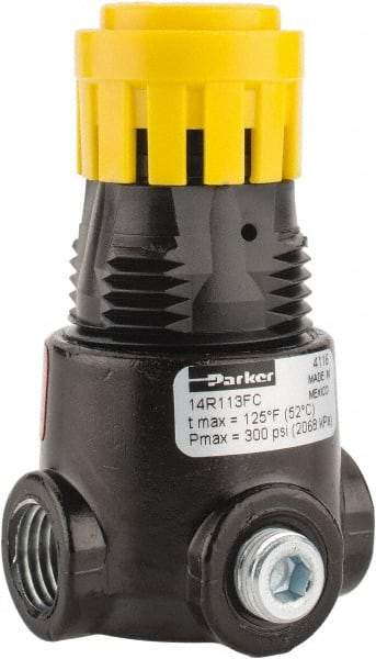 Parker - 1/4 NPT Port, 15 CFM, Zinc Miniature Regulator - 2 to 125 psi Range, 300 Max psi Supply Pressure, 1/8" Gauge Port Thread, 1.65" Wide x 2.88" High - Apex Tool & Supply
