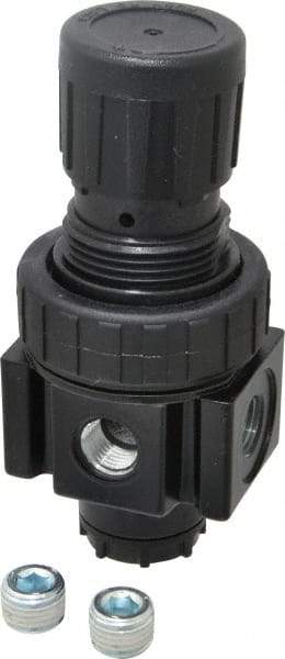 Parker - 1/4 NPT Port, 30 CFM, Zinc Economy Regulator - 2 to 125 psi Range, 300 Max psi Supply Pressure, 1/4" Gauge Port Thread, 2" Wide x 4.44" High - Apex Tool & Supply
