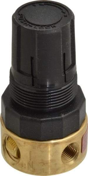 Parker - 1/4 NPT Port, Brass Miniature Regulator - 2 to 125 psi Range, 300 Max psi Supply Pressure, 1/8" Gauge Port Thread, 1-1/2" Wide x 2.87" High - Apex Tool & Supply