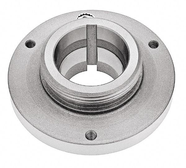 Bison - Adapter Back Plate for 6-1/4" Diam Self Centering Lathe Chucks - L-00 Mount, 2-3/4" Through Hole Diam, 5.51mm ID, 6.3" OD, 0.79" Flange Height, Steel - Apex Tool & Supply