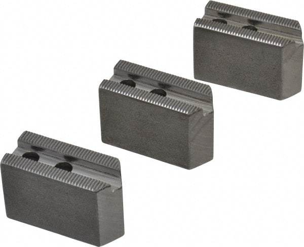 H & R Manufacturing - 5" Chuck Capacity, 1.5mm x 60° Serrated Attachment, Square Soft Lathe Chuck Jaw - 3 Jaws, Steel, 0.708" Btw Mount Hole Ctrs, 2-5/16" Long x 1" Wide x 1-1/2" High, 0.395" Groove, 8mm Fastener - Apex Tool & Supply