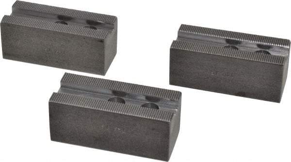 H & R Manufacturing - 8" Chuck Capacity, 1.5mm x 60° Serrated Attachment, Square Soft Lathe Chuck Jaw - 3 Jaws, Steel, 1" Btw Mount Hole Ctrs, 3-1/2" Long x 1-1/2" Wide x 1-1/2" High, 0.551" Groove, 12mm Fastener - Apex Tool & Supply