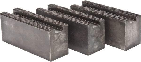 Value Collection - 10 to 11" Chuck Capacity, 1.5mm x 60° Serrated Attachment, Square Soft Lathe Chuck Jaw - 3 Jaws, Steel, 1.1811" Btw Mount Hole Ctrs, 4.33mm Long x 1.574" Wide x 1.574" High, 0.6299" Groove, 12mm Fastener - Apex Tool & Supply