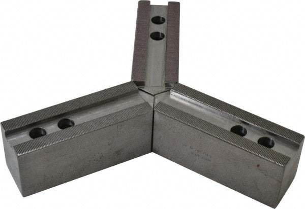 H & R Manufacturing - 12" & Up Chuck Capacity, 1.5mm x 60° Serrated Attachment, Square Soft Lathe Chuck Jaw - 3 Jaws, Steel, 1.181" Btw Mount Hole Ctrs, 6-1/4" Long x 2" Wide x 2-1/2" High, 0.827" Groove, 0.6299" & 16mm Fastener - Apex Tool & Supply