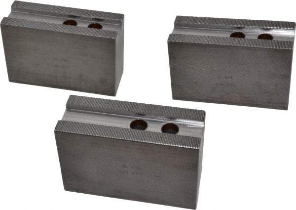 H & R Manufacturing - 12" Chuck Capacity, 1.5mm x 60° Serrated Attachment, Square Soft Lathe Chuck Jaw - 3 Jaws, Steel, 1.181" Btw Mount Hole Ctrs, 5-1/4" Long x 2" Wide x 3-1/2" High, 0.827" Groove, 5/8" & 16mm Fastener - Apex Tool & Supply
