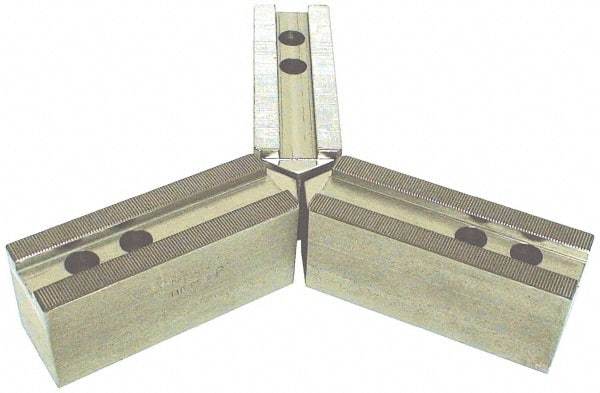 H & R Manufacturing - 15 to 18" Chuck Capacity, 3mm x 60° Serrated Attachment, Square Soft Lathe Chuck Jaw - 3 Jaws, Steel, 1.968" Btw Mount Hole Ctrs, 7" Long x 2-1/2" Wide x 5" High, 0.866" Groove, 20mm Fastener - Apex Tool & Supply