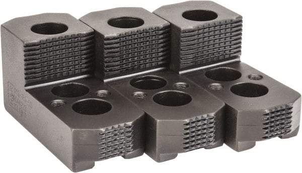 H & R Manufacturing - 12" & Up Chuck Capacity, 1.5mm x 60° Serrated Attachment, Square Soft Lathe Chuck Jaw - 3 Jaws, Steel, 1.181" Btw Mount Hole Ctrs, 6-1/4" Long x 2" Wide x 5" High, 0.827" Groove, 5/8" & 16mm Fastener - Apex Tool & Supply
