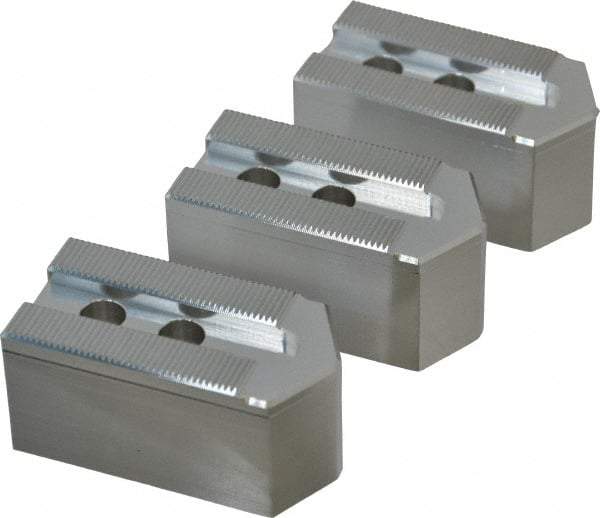 Masterman & Kovil - 6" Chuck Capacity, 1.5mm x 60° Serrated Attachment, Square Soft Lathe Chuck Jaw - 3 Jaws, Aluminum, 0.787" Btw Mount Hole Ctrs, 3mm Long x 1-1/2" Wide x 1-1/2" High, 0.473" Groove, 10mm Fastener - Apex Tool & Supply