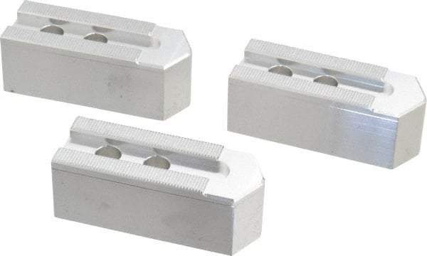 Masterman & Kovil - 8" Chuck Capacity, 1.5mm x 60° Serrated Attachment, Square Soft Lathe Chuck Jaw - 3 Jaws, Aluminum, 0.984" Btw Mount Hole Ctrs, 4mm Long x 1-1/2" Wide x 1-1/2" High, 0.551" Groove, 12mm Fastener - Apex Tool & Supply